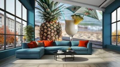 Refreshing tropical beach scene with umbrella adorned cocktail glass filled with creamy white drink and garnished with pineapple wedge. Wall mural