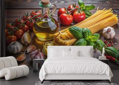 Rustic dark brown background showcases assortment of fresh Italian ingredients including pasta, olive oil, garlic, and basil leaves, cooking concept. Wall mural