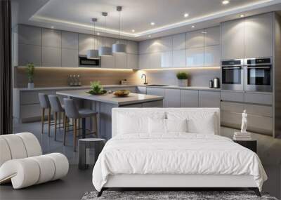 Sleek modern kitchen features minimalist design, well-placed ambient lighting, and sleek silver appliances against a clean white backdrop. Wall mural