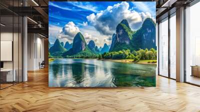 The tranquil Li River winds through majestic karst mountains, under a vibrant blue sky adorned with wispy clouds, Wall mural