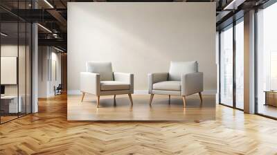 Two modern armchairs stand alone in a sleek, minimalist studio setting, surrounded by neutral background, ideal for adding text or graphics, evoking a professional meeting atmosphere. Wall mural