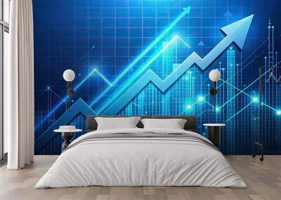 Upward trending digital chart arrow on a bright blue background, symbolizing growth, progress, and financial success in a modern and futuristic aesthetic. Wall mural