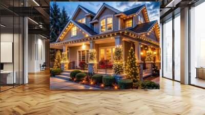 Vibrant exterior of a suburban house adorned with twinkling string lights wrapped around pillars and roof, creating a warm and inviting festive atmosphere. Wall mural