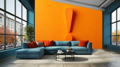 Vibrant orange background features a bold paper cut out exclamation mark symbolizing creative solution and effective communication in a modern business concept with ample copy space. Wall mural