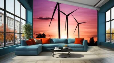 Wind turbines silhouette at sunset Wall mural