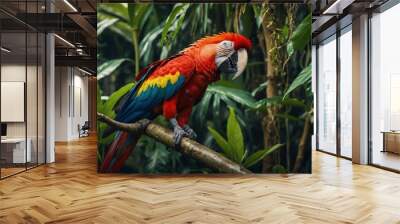 wallpaper background for desktop a Scarlet Macaw landed on a leafy tree branch eating caterpillars Wall mural