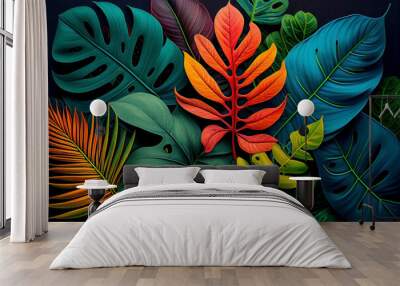 Colorful leaves background. Tropical plants full of colors. Botanical gardening to decorate spaces plentry of vibrant life. 3D rendering. Wall mural