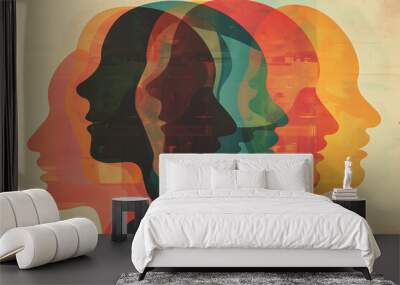 Radiant minds in a mosaic of thoughts.  Multicolored layered silhouette profiles in risograph style. Wall mural