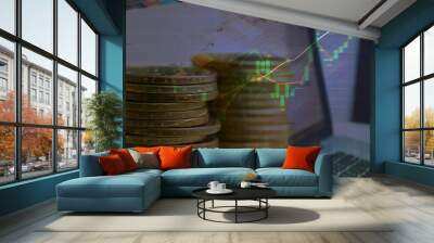 Dollar coins money stack on with financial report and stock market graph Wall mural