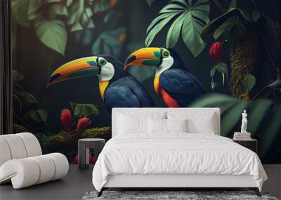 Two toucans on a tree in the morning rainforest. Generative Al Illustration. Generative AI Wall mural