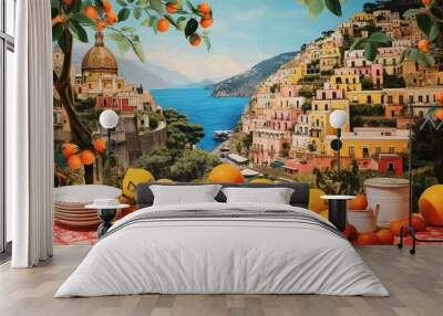 A vibrant collage of summer in Italy's Positano, known for its Amalfi coast and citrus fruits. Generative AI Wall mural