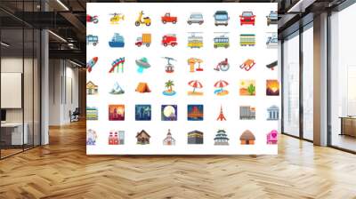 emoji of transport and buildings and nature set pack icons, vector illustration. Wall mural