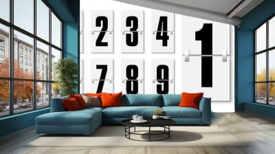 Flip board style numbers vector illustration. Airport terminal, arrival board with numbers template. Realistic flip scoreboard, analog timetable or countdown symbols. Flight destination display vector Wall mural