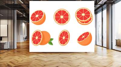 Vector large set of ripe tropical grapefruit fruits. Red oranges peeled, piece of half slice leaf. Collection of delicious citrus pomelo designer elements for packaging of juice breakfast food. Vector Wall mural