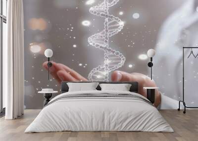 Close-Up of Hand Holding a Glowing DNA Strand Wall mural