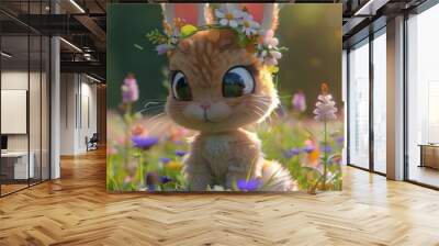 Cute 3D cartoon rabbit with a flower crown in a field of flowers Wall mural