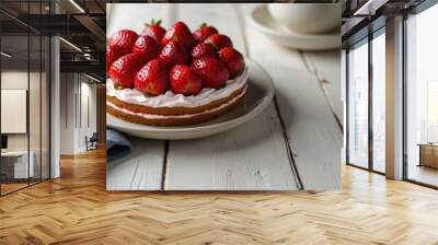 Delicious strawberry cake on white wooden table Wall mural