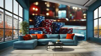 Poker chips stacked on a casino table Wall mural