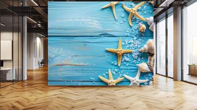 Seashells and Starfish on a Blue Wooden Background with copy space Wall mural