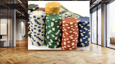 Stacks of casino chips with cash on white background Wall mural