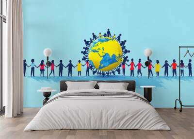 A cartoon-style representation of a diverse group of people holding hands around a globe symbolizing global unity in a sanctuary city. Wall mural