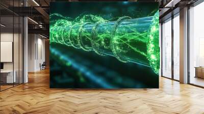 A clean, abstract representation of biofuel flowing through a pipeline, surrounded by vibrant green energy waves, illustrating the seamless connection between nature and technology Wall mural