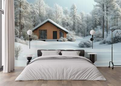 A quiet cabin in a snowy forest clearing in 3D rendered minimalist style with empty circle podium. Wall mural