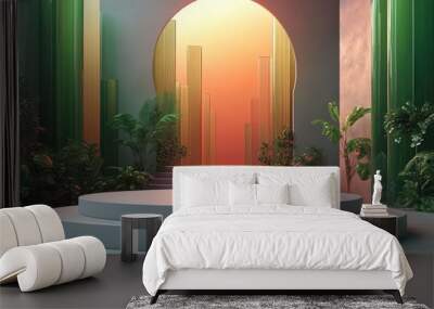 Abstract city made of glowing glass blocks in 3D rendered minimalist style with empty circle podium. Wall mural