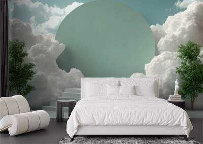 Abstract cloud formations in a clear sky in 3D rendered minimalist style with empty circle podium. Wall mural