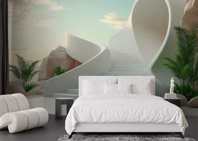 Abstract spiral staircase reaching into the sky in 3D rendered minimalist style with empty circle podium. Wall mural