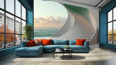 Abstract spiral staircase reaching into the sky in 3D rendered minimalist style with empty circle podium. Wall mural