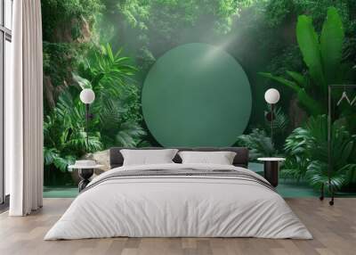 Forest clearing with mist in 3D rendered minimalist style with empty circle podium. Wall mural