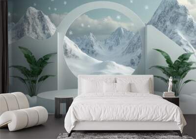 Frozen tundra with snowflakes falling in 3D rendered minimalist style with empty circle podium. Wall mural