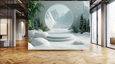 Frozen tundra with snowflakes falling in 3D rendered minimalist style with empty circle podium. Wall mural