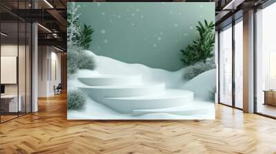 Frozen tundra with snowflakes falling in 3D rendered minimalist style with empty circle podium. Wall mural