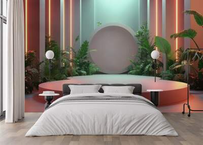 Futuristic city with glowing neon lights in 3D rendered minimalist style with empty circle podium. Wall mural