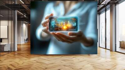 Hologram of a smartphone from technology in womans hands Wall mural