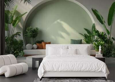 Minimalist living room with modern furniture in 3D rendered minimalist style with empty circle podium. Wall mural