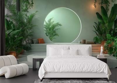 Minimalist living room with modern furniture in 3D rendered minimalist style with empty circle podium. Wall mural