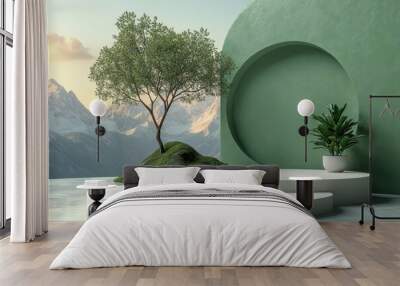 Mountain landscape with a lone tree in 3D rendered minimalist style with empty circle podium. Wall mural