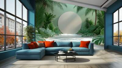 Tropical beach with palm trees and calm waves in 3D rendered minimalist style with empty circle podium. Wall mural