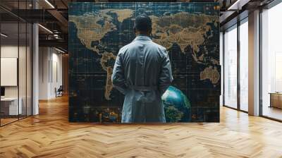 A scientist in a lab coat standing in front of a globe, symbolizing America's contributions to global science and innovation Wall mural