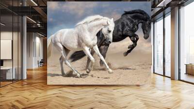 Black and white horses run in desert dust Wall mural