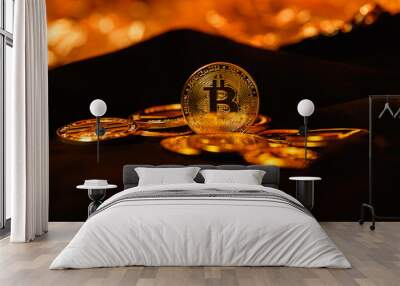 Bitcoin on a dark background. The fall in the currency market. Wall mural