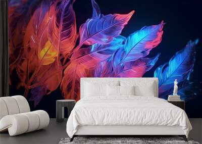 Neon Rainbow Synthwave Iridescent Duotone Leaves, Generative AI Wall mural