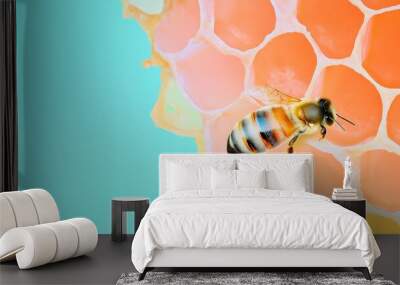 A bee in an orange beehive featuring a bee on the edge of one section featuring details of colorful abstract shapes. Wall mural