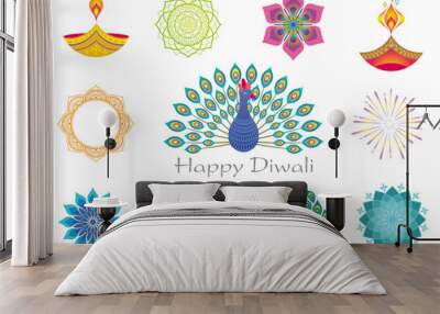 Happy Diwali, Colorful Rangoli Icon Set Isolated On A White Background. Wall mural