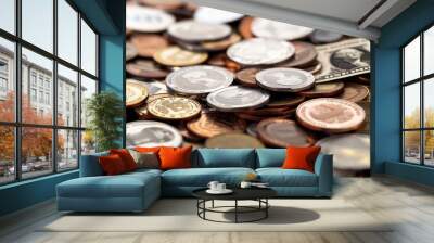 A collection of various coins and a dollar bill, symbolizing currency, finance, and the economy in a detailed close-up. Wall mural