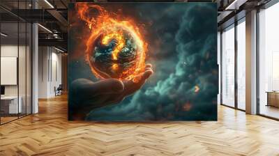 A surreal illustration of a hand gripping a fiery Earth, with smoke clouds forming the shape of a question mark, representing the uncertainty caused by global warming Wall mural