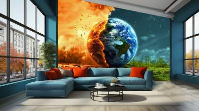 Earth divided by fire and water, symbolizing climate change and environmental challenges. Wall mural